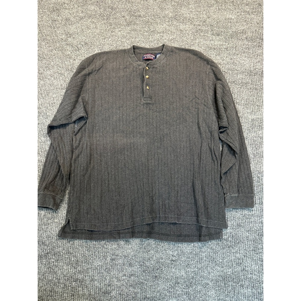 Roundtree & Yorke Ribbed Henley Large Gray Cotton Long Sleeve 3-Button
